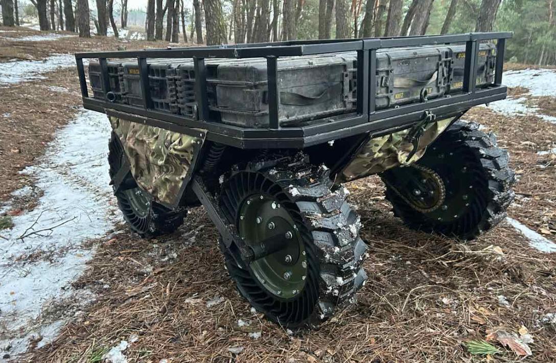 Cargo platform with BRR-M3 wheels in winter forest